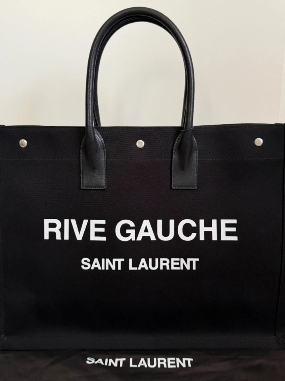 Saint Laurent YSL Rive Gauche Black White Canvas Logo Leather Tote Bag
